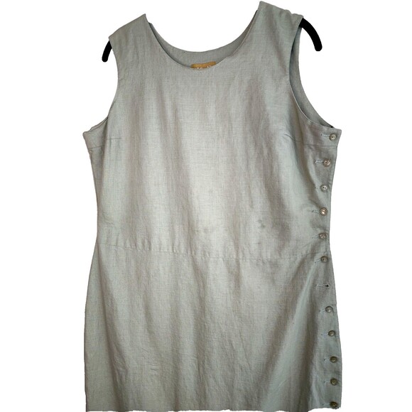 E Woman Linen Cotton Sleeveless Shirt Dress Green Shift Sz M Medium Midi Buttons - Picture 8 of 11